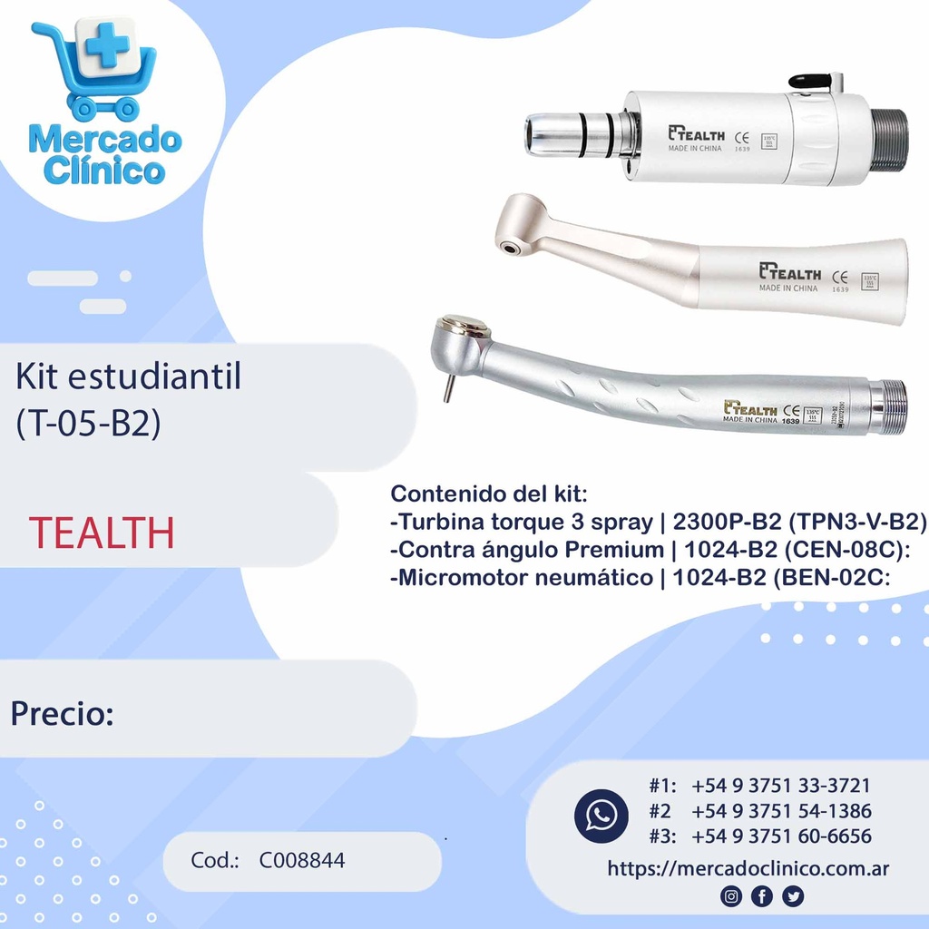 
Kit Estudiantes (T-05-B2) - Turbina Push 3 spray + Contra ángulo Push + Micromotor Neumático - TEALTH