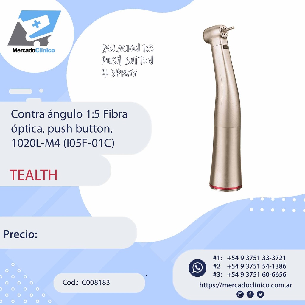 Contra ángulo 1:5 Fibra óptica, push button, 1020L-M4 (I05F-01C) - Tealth 