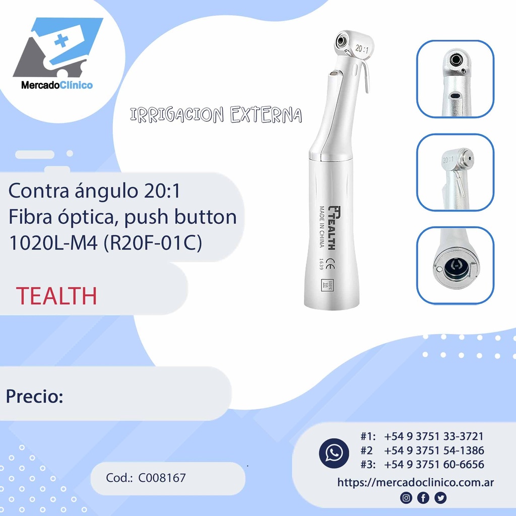 Contra ángulo LED, Irrigación interna, push button, 1020L-M4 (CIL-01C) - TEALTH