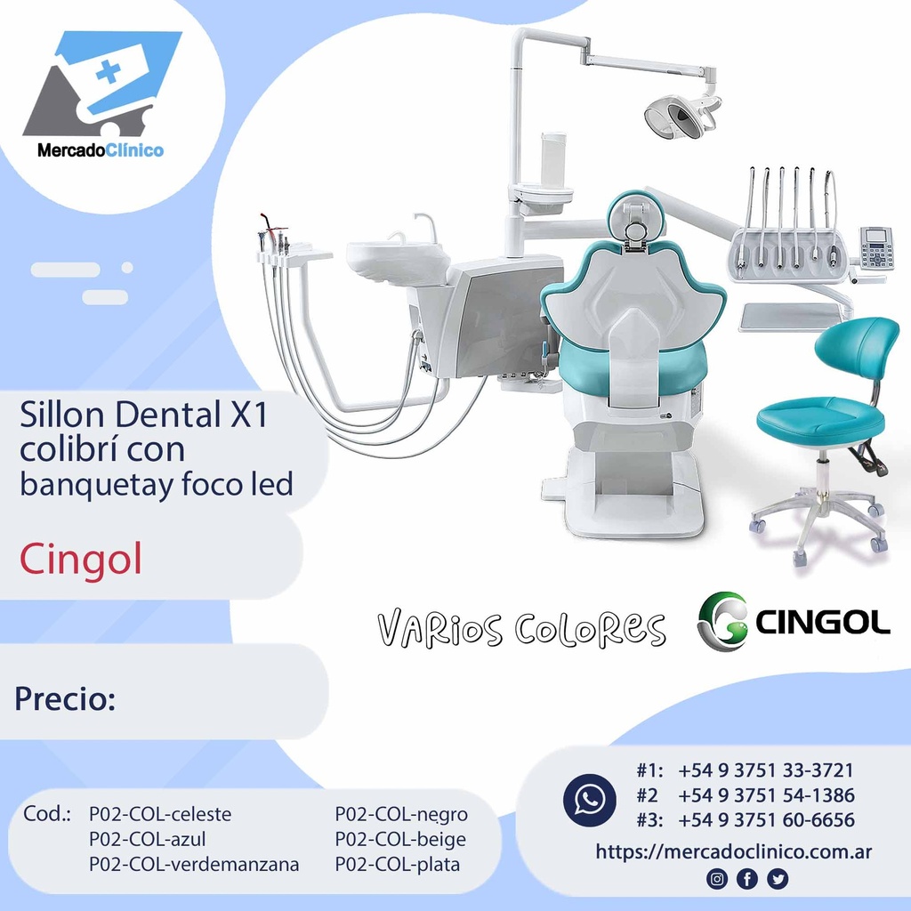Equipo sillón odontológico X1 COLIBRI, con Banqueta y foco LED - CINGOL