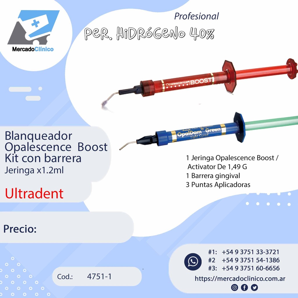 Blanqueador Opalescence  Boost Jeringa x1.2ml - 40% - Kit Con barrera - Ultradent