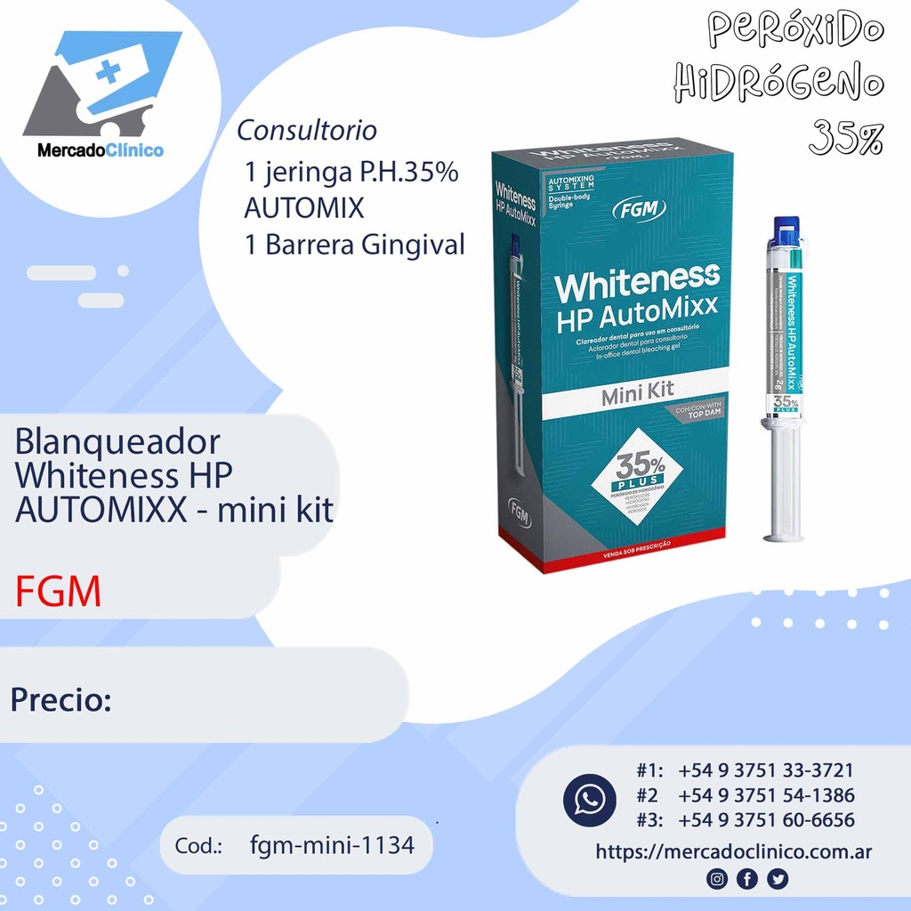 Blanqueador  Whiteness HP Automixx - Peróxido Hidrógeno 35% - Mini Kit  - Conultorio - FGM