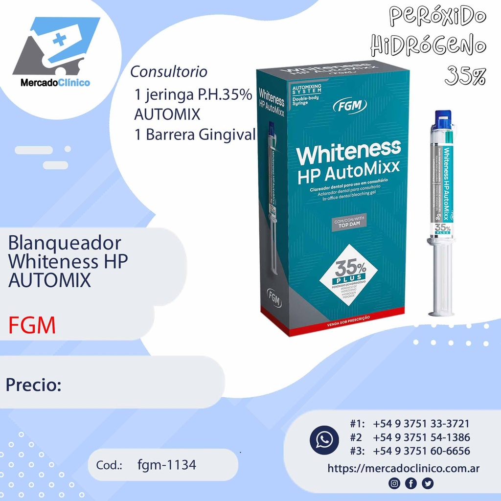 Blanqueador  Whiteness HP Automixx - Peróxido Hidrógeno 35% - Consultorio - FGM 