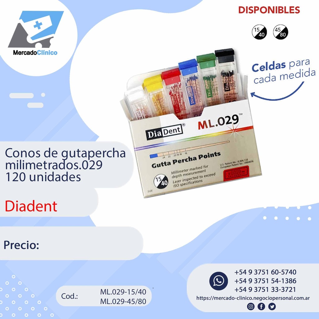 Conos de gutapercha milimetrados x 120 unidades - 1ra y 2da serie - Diadent