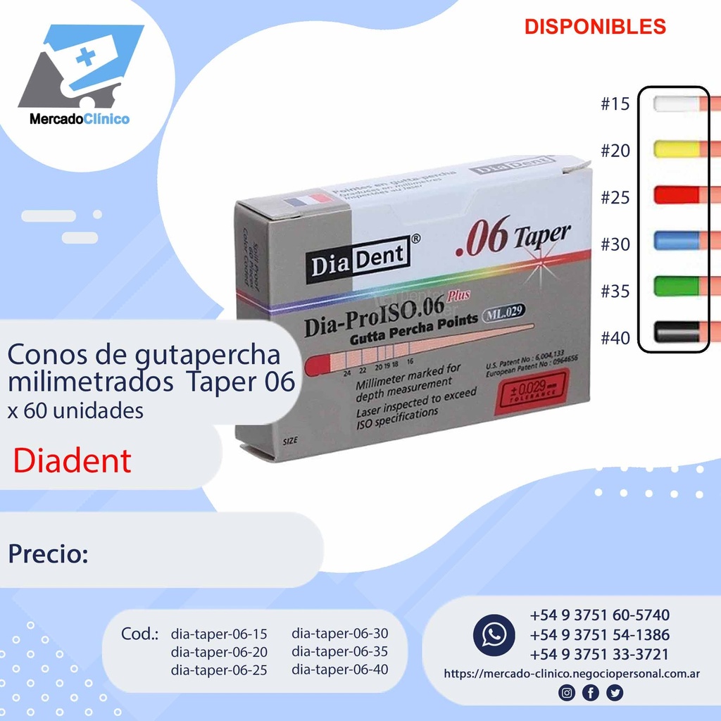 Conos de gutapercha Taper 06  - 60 Un.  - Diadent