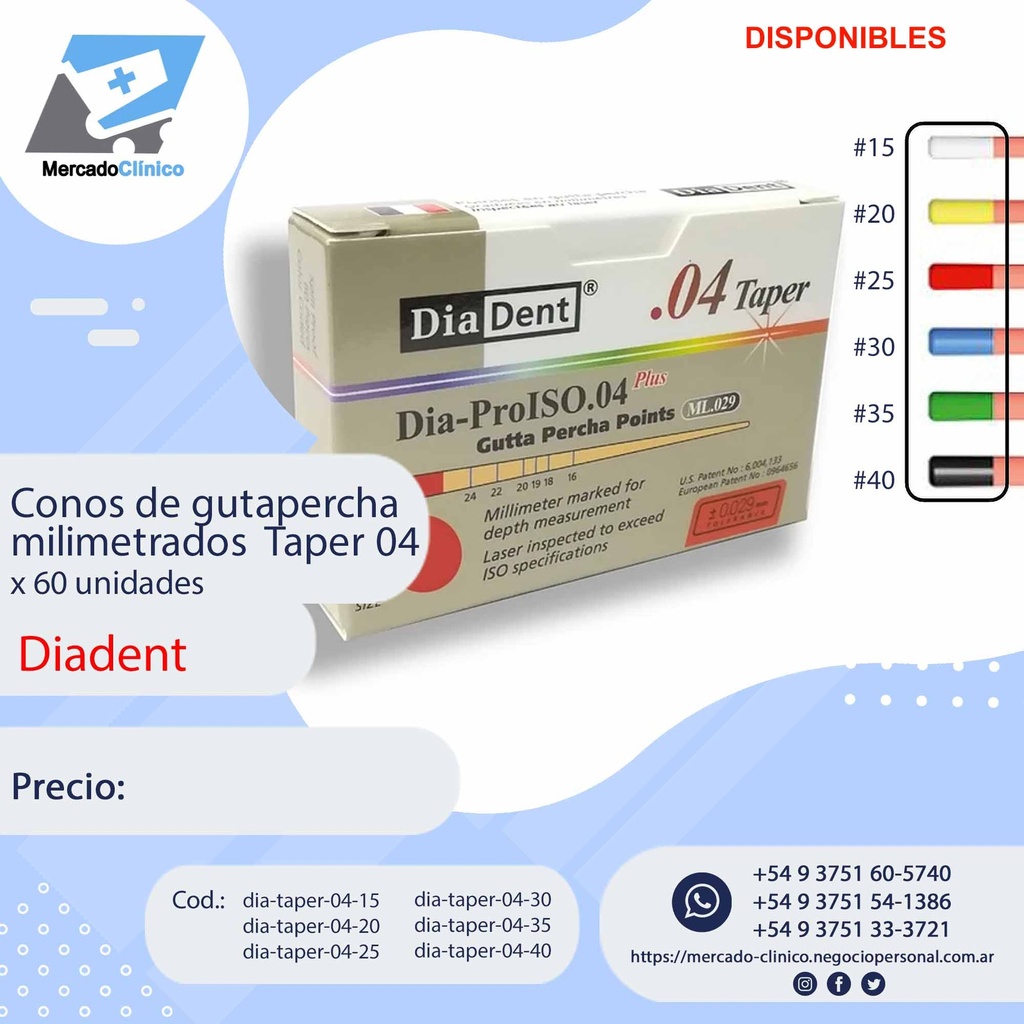 Conos de gutapercha milimetrados - Taper 04  - 60 Un.  - Diadent
