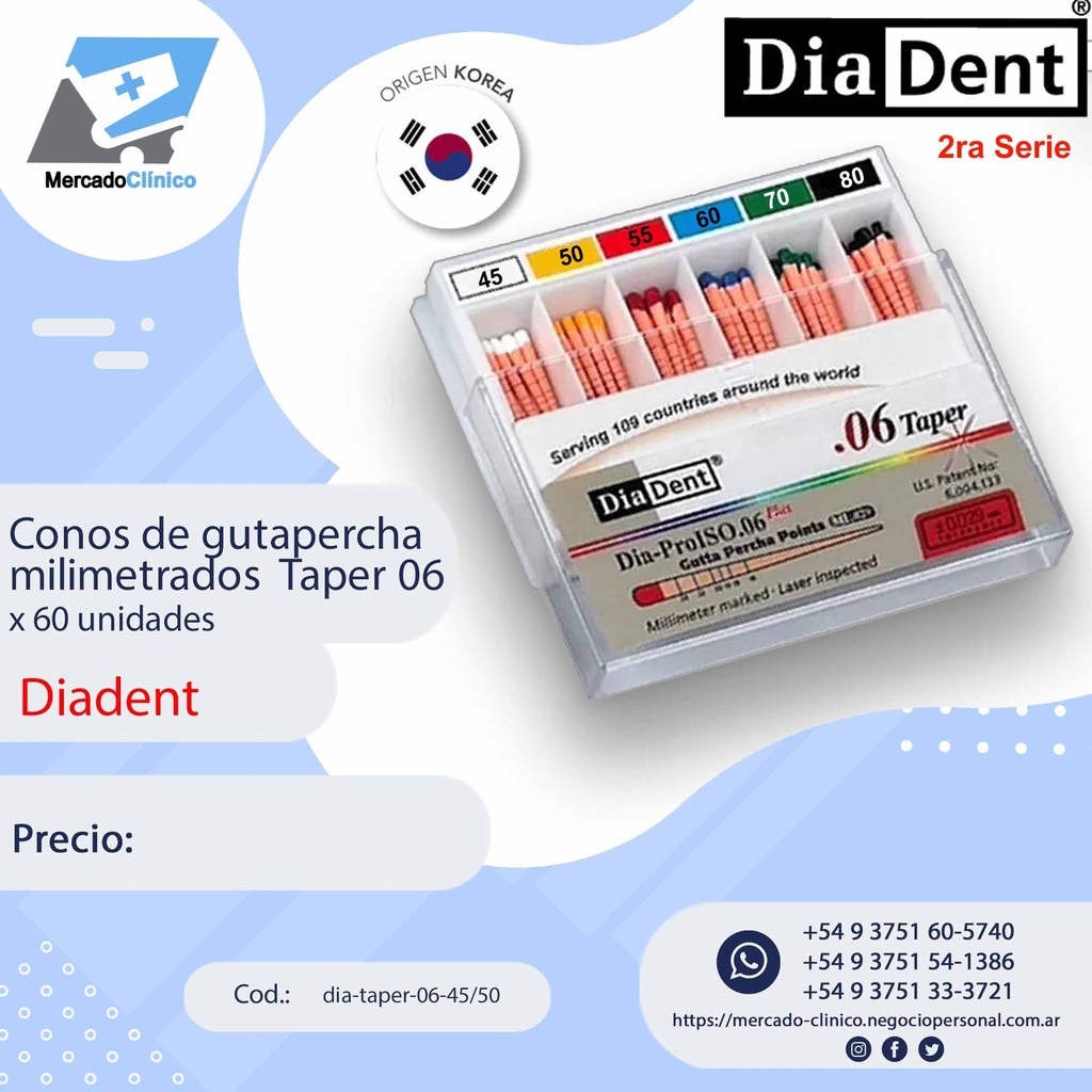 Conos de gutapercha milimetrados - Taper 06  - 60 Un - 2ra serie - Diadent