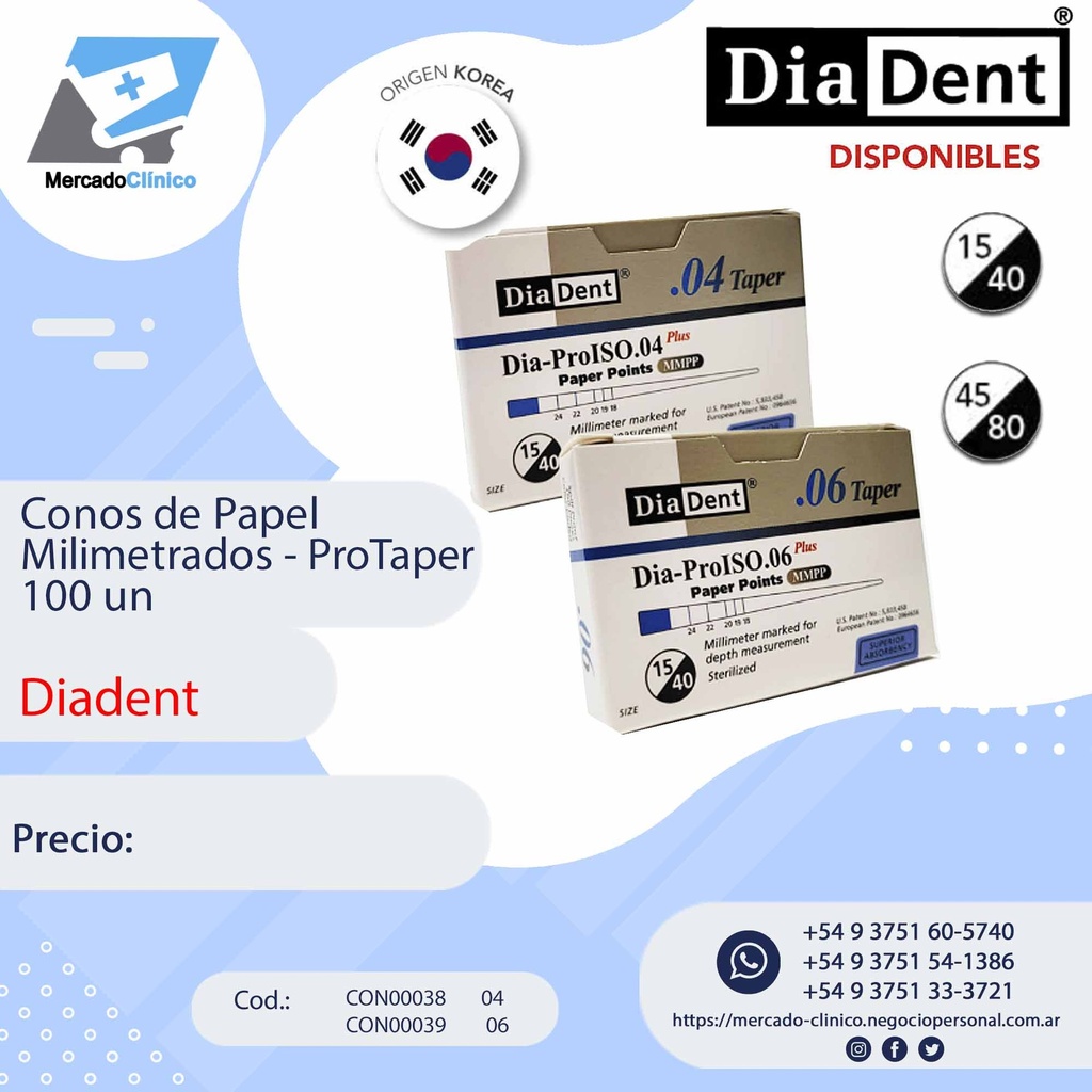 Conos de papel  PROTAPER .04 y .06 - X100  - Milimetrados - Diadent