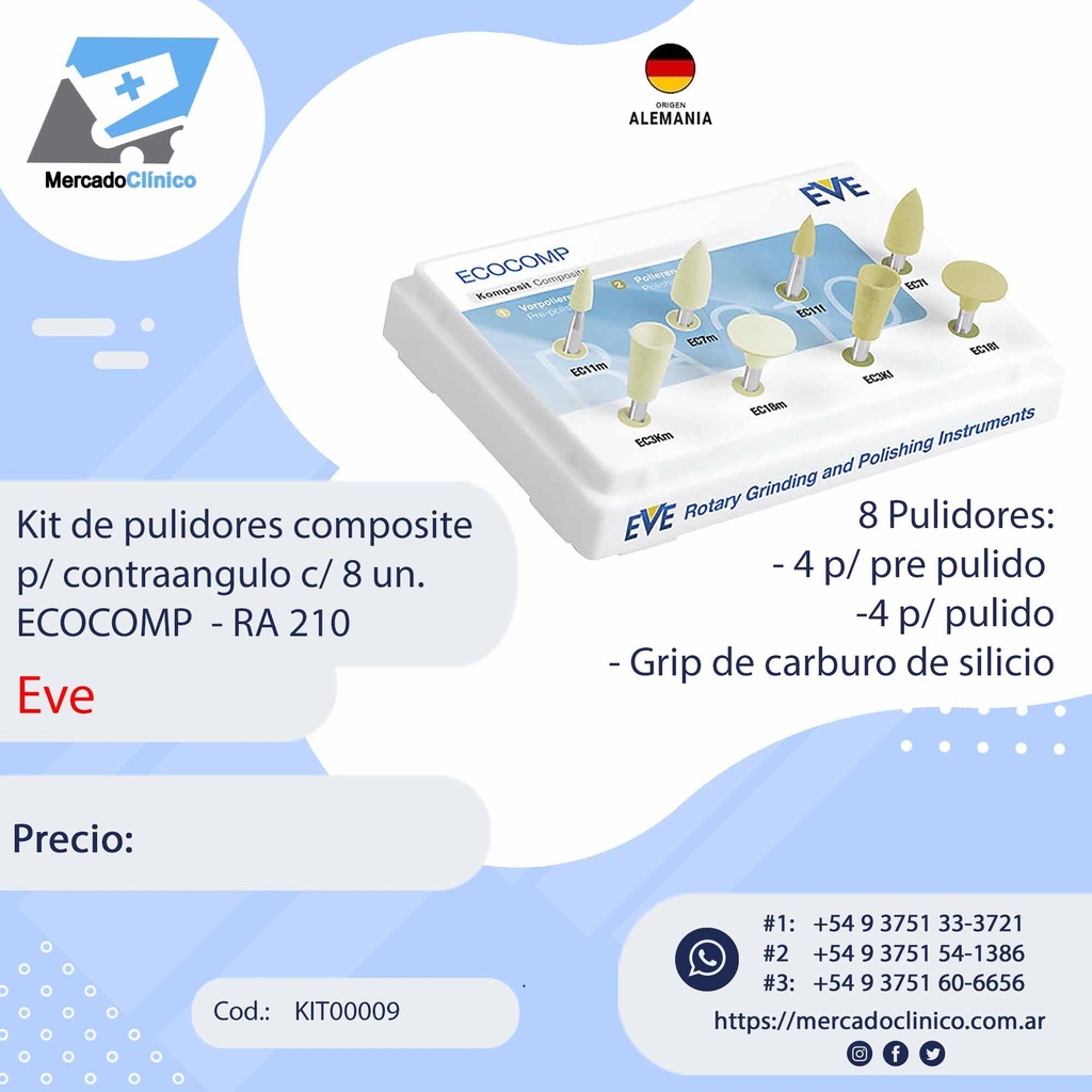 Kit de pulidores composite p/ contraangulo c/ 8 un. ECOCOMP  - RA 210 - EVE