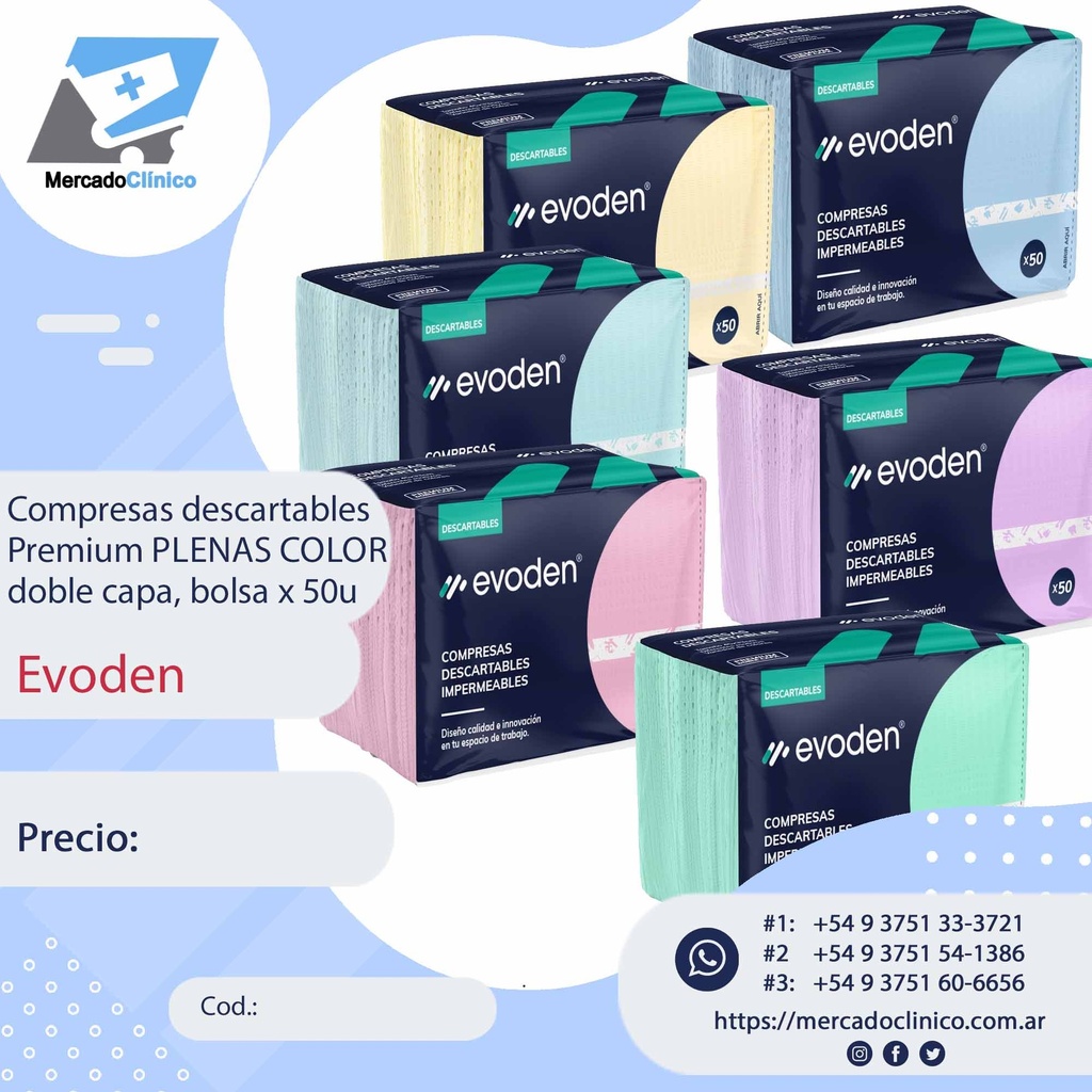 Compresas descartables Premium PLENAS COLOR doble capa, bolsa x 50u - Evoden
