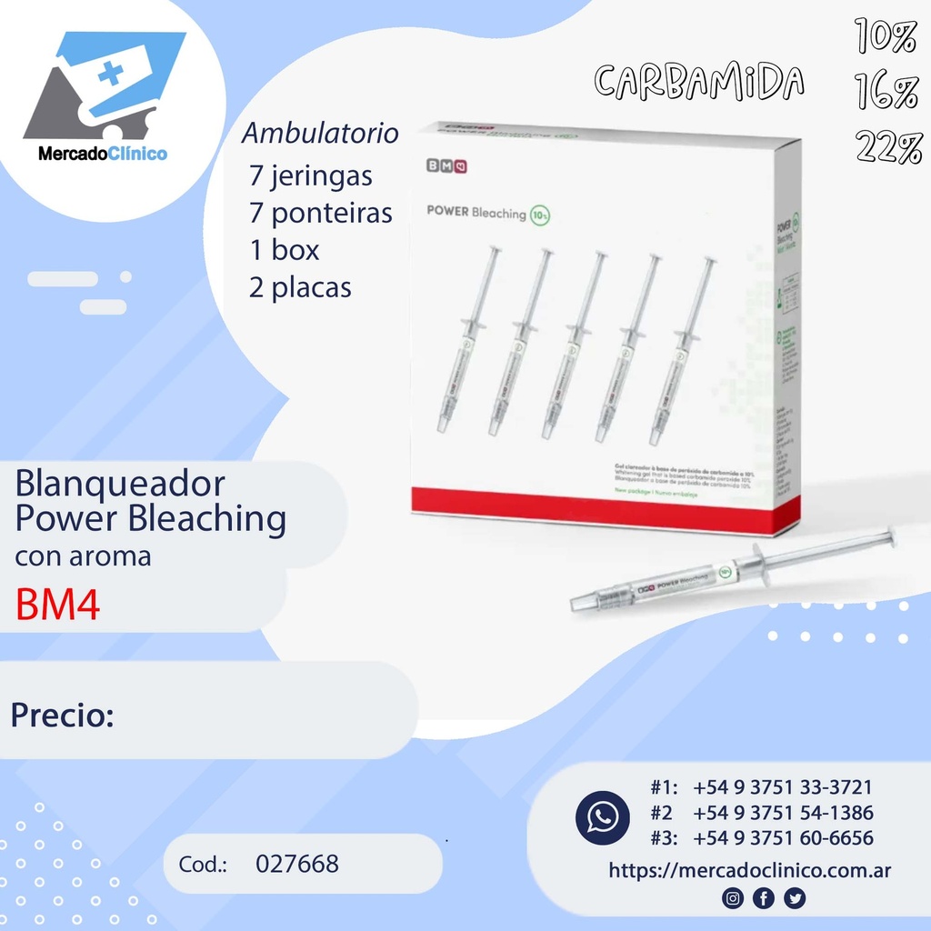 Blanqueador Power Bleaching - con aroma - Ambulatorio - 7 jeringas de Carbamida - 1 estuche - 2 placas para estampar - BM4 (22%)
