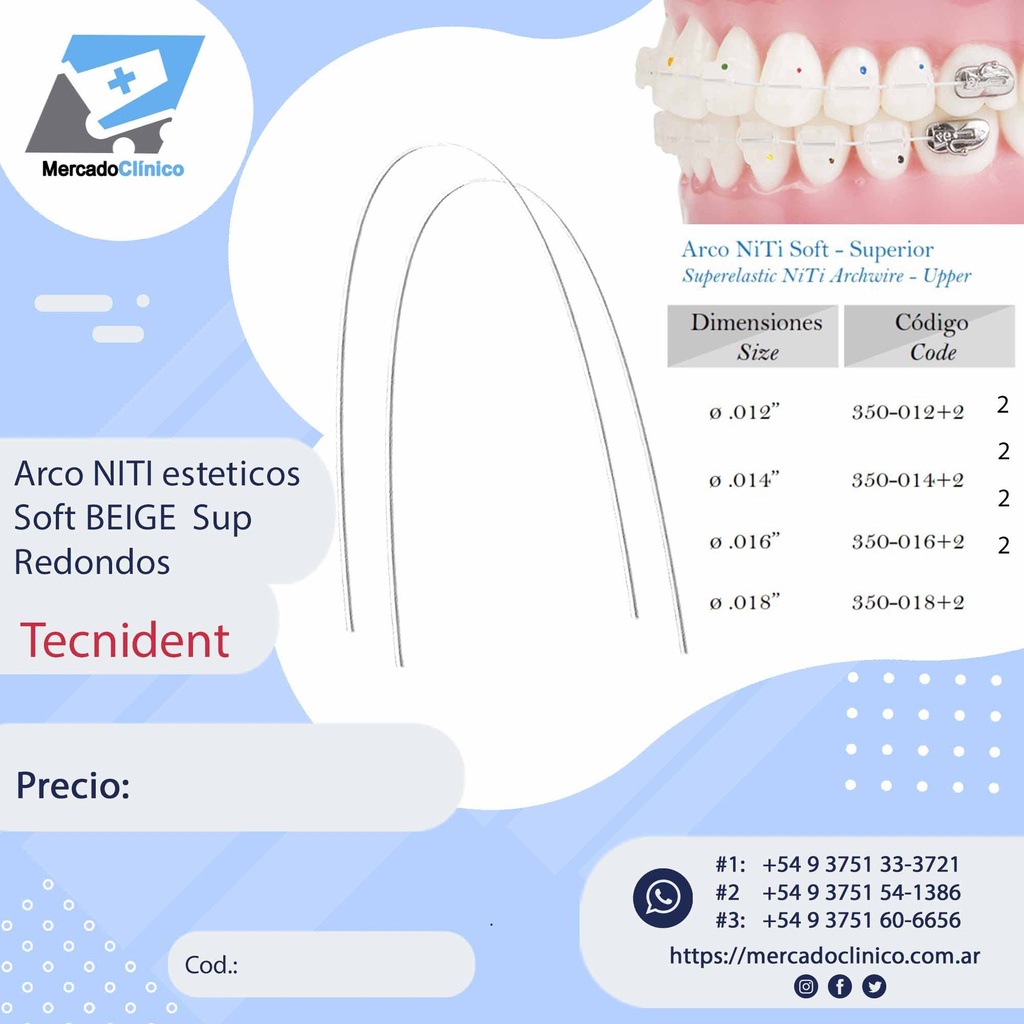 Arco NITI esteticos Soft BEIGE  Superiores - Redondos - x 10 unidades - Tecnident