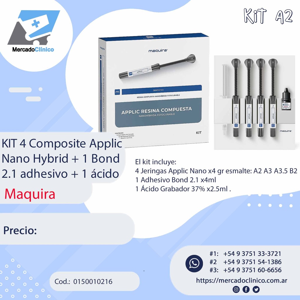 Kit X4 Composite APPLIC NANO HYBRID  A2 -  (composite + adhesivo + ácido MAQUIRA