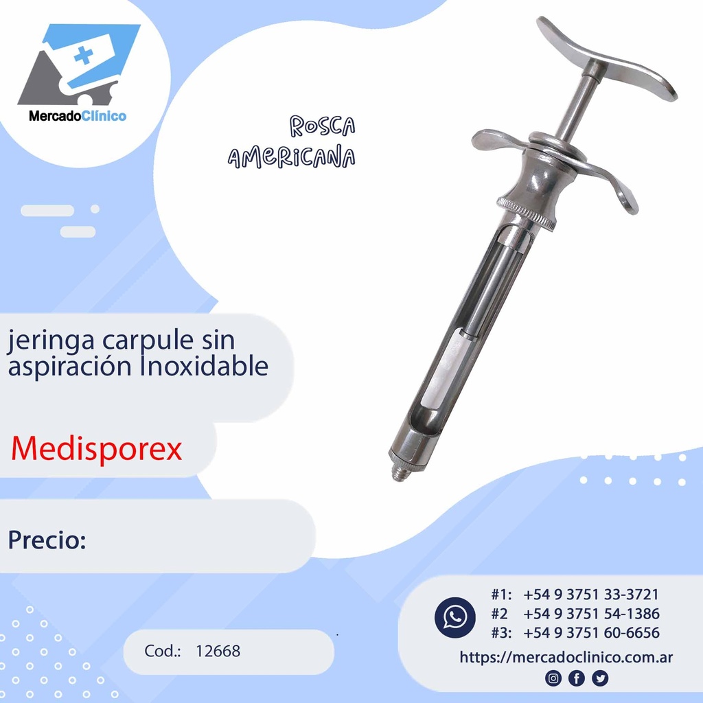 Jeringa Carpule s/aspiración inox. rosca americana - Medis