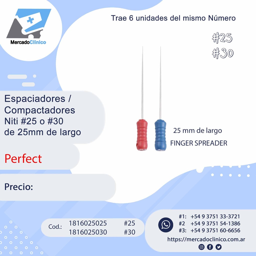 Espaciadores / Compactadores de NITI - #25 o #30' de 25mm de largo - Perfect