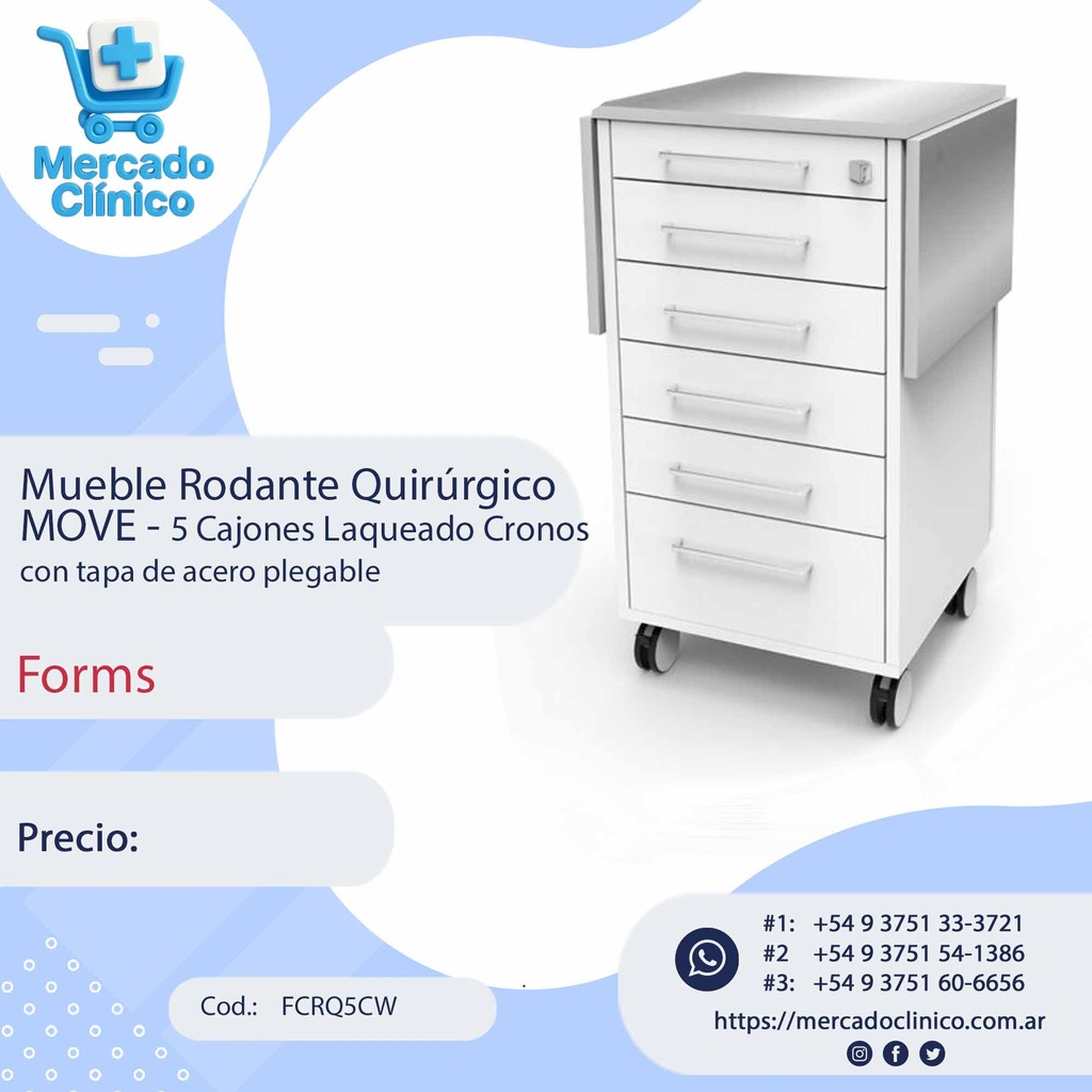 Mueble Rodante Quirúrgico MOVE - 5 Cajones Laqueado Cronos Blanco - Melamina Laqueado - Forms