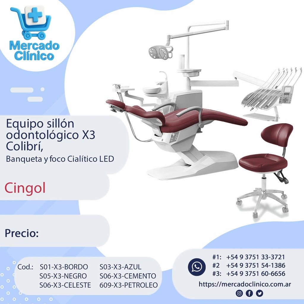 Equipo sillón  odontológico X3  Colibrí,  Banqueta y foco Cialítico LED - CINGOL