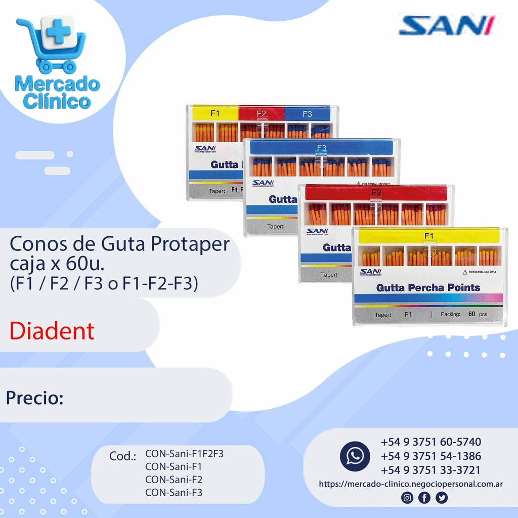 Conos de Guta Protaper Milimetrados, caja x 60u. (F1 / F2 / F3 ) - SANI 
