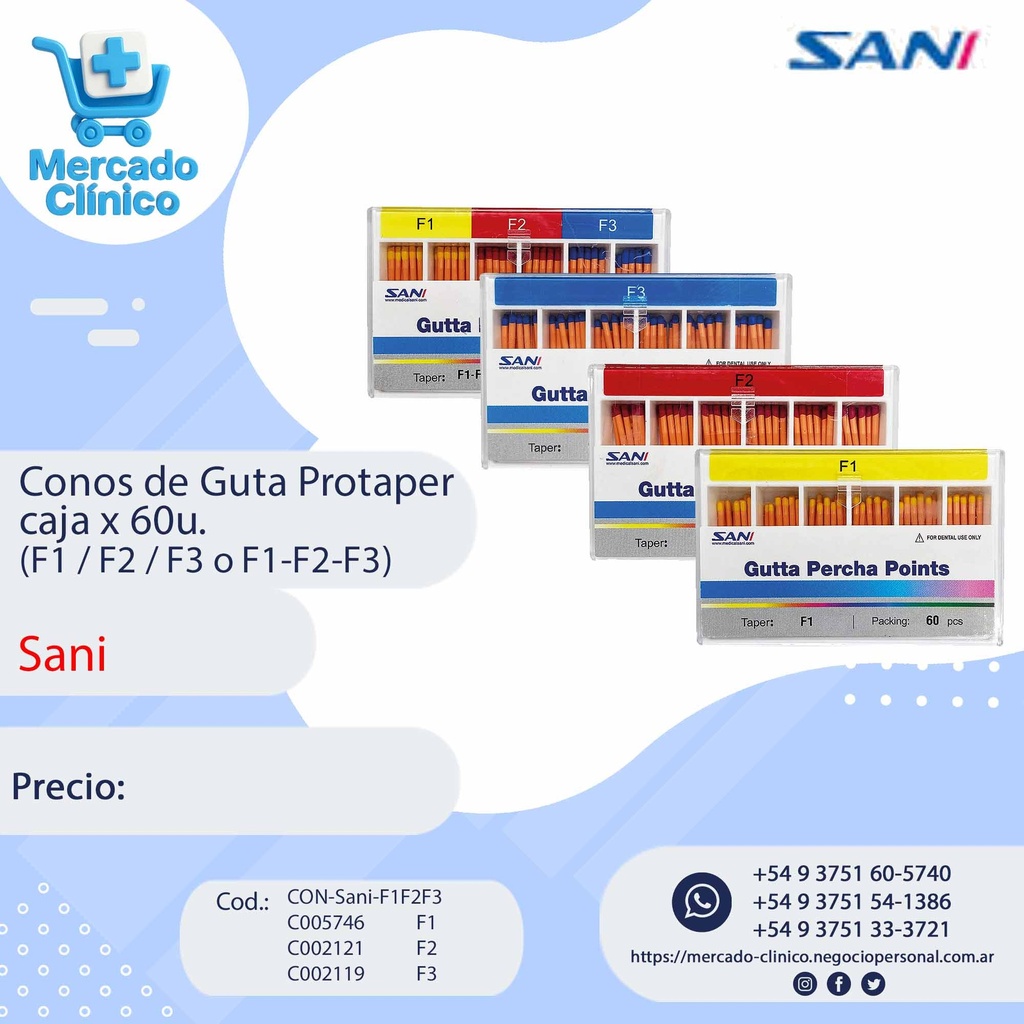 Conos de Guta Protaper Milimetrados, caja x 60u. (F1 / F2 / F3 ) - SANI 