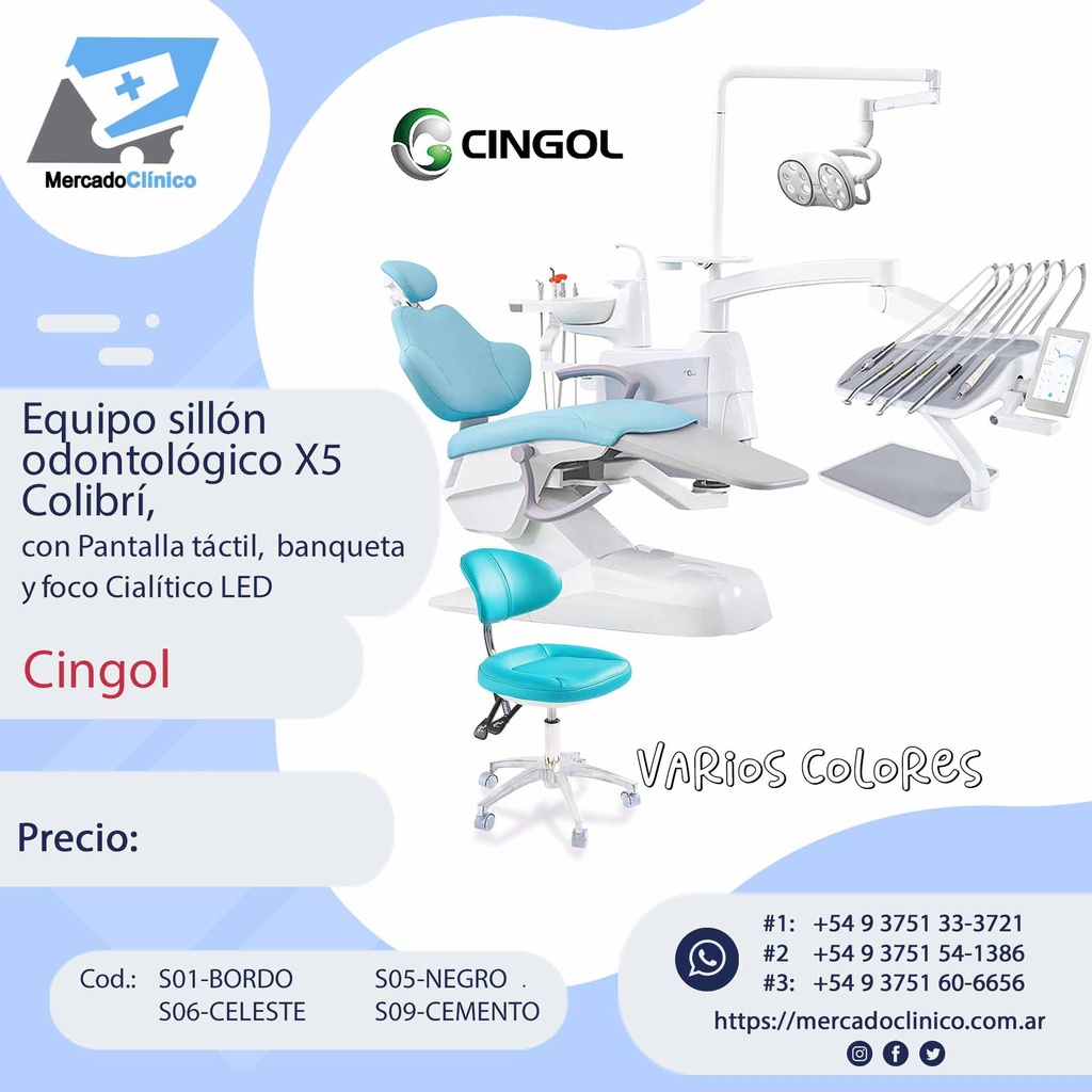 Equipo sillón  odontológico X5  Colibrí,  con Pantalla táctil,  banqueta  y foco Cialítico LED - Cingol