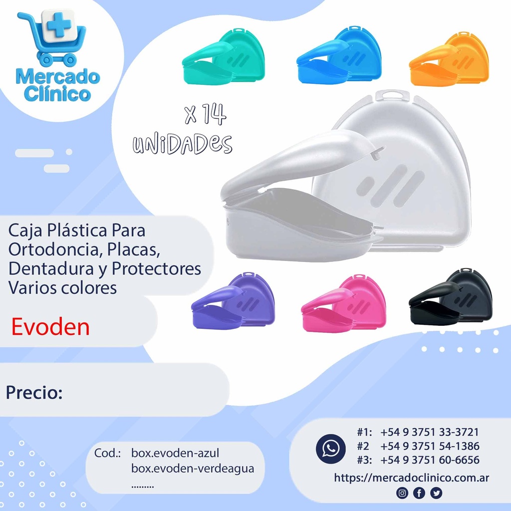 Caja Plástica Para  Ortodoncia, Placas,  Dentadura y Protectores Varios colores 14 unidades  - Evoden