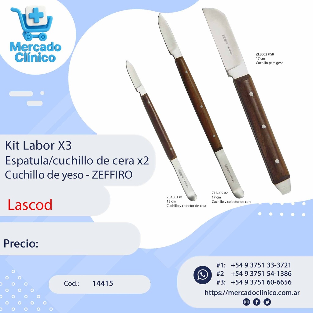 Kit Labor X3  Espatula/cuchillo de cera x2 Cuchillo de yeso - ZEFFIRO - Lascod