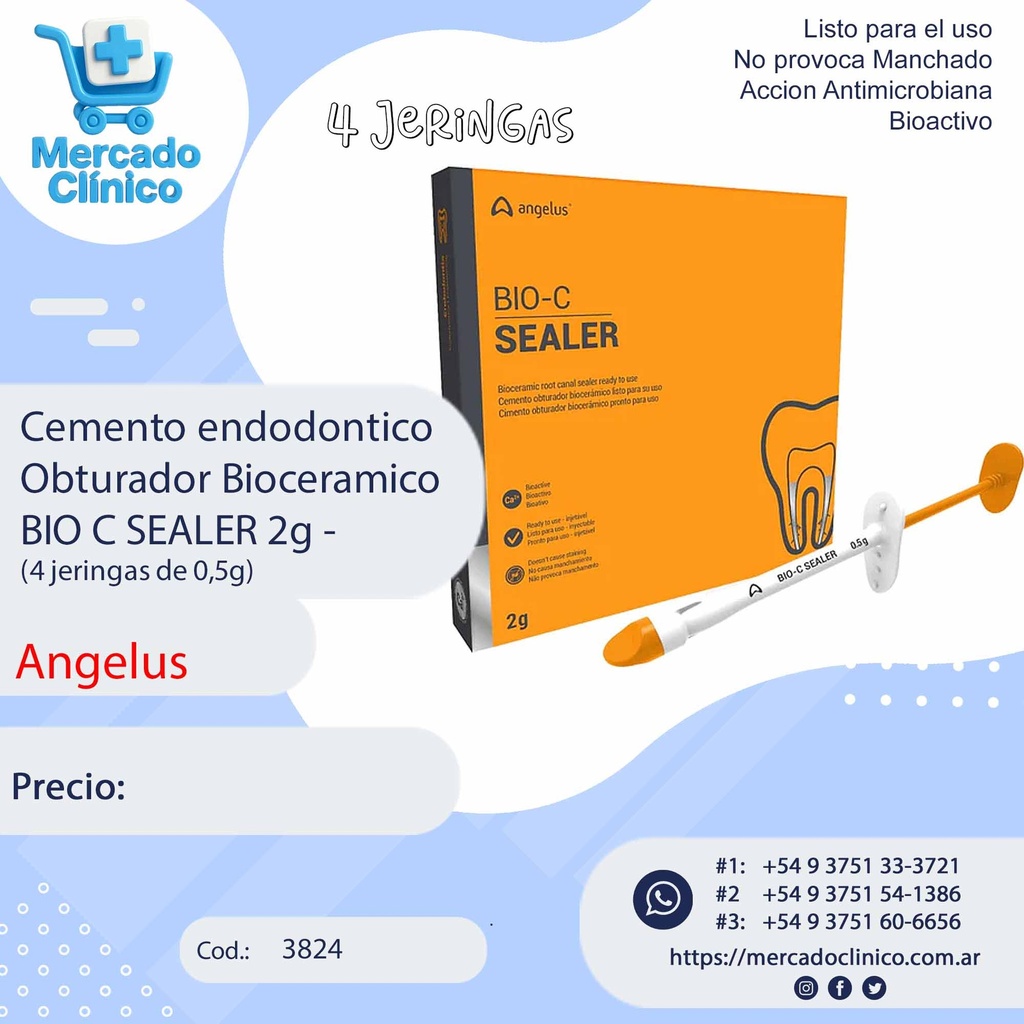 Cemento endodóntico Obturador Bioceramico BIO C SEALER 2g - (4 jer. de 0,5g) - Angelus
