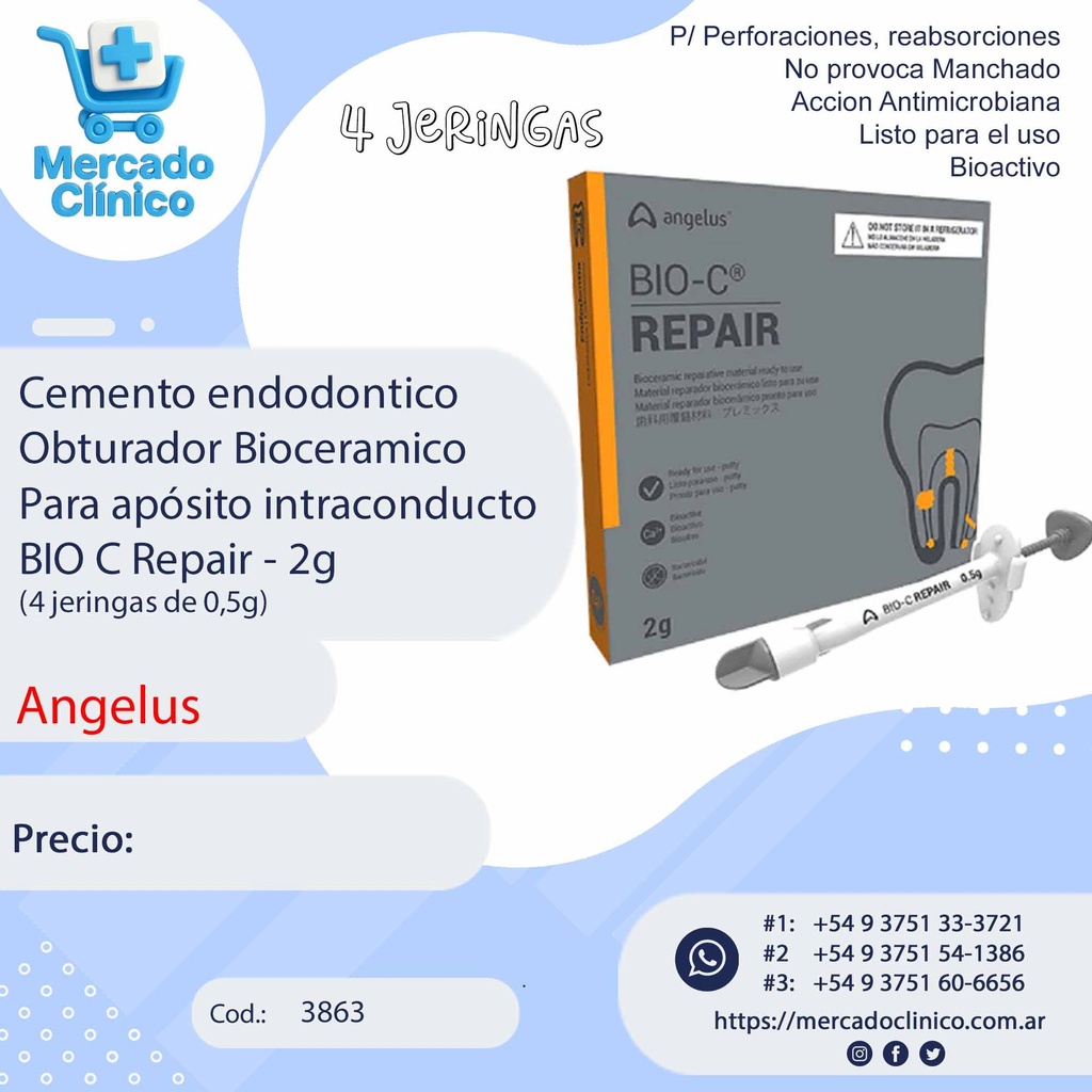 Cemento endodontico Obturador Bioceramico Para apósito intraconducto  BIO C Repair - 2g (4 jeringas de 0,5g) - Angelus