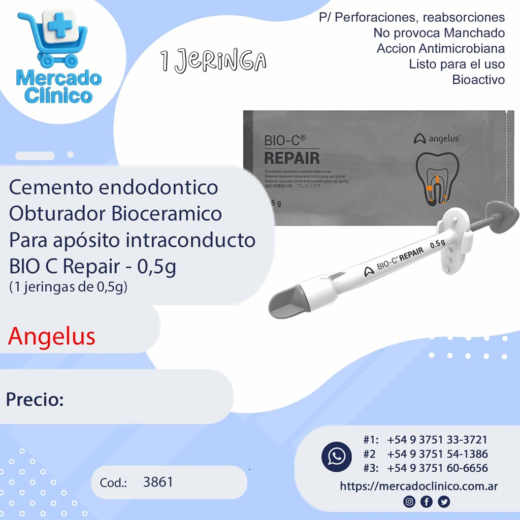 Cemento endodontico Obturador Bioceramico Para apósito intraconducto  BIO C Repair - 0,5g (1 jeringas de 0,5g) - Angelus