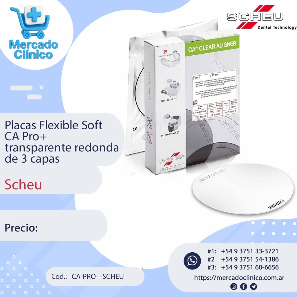 Placas Flexible Soft  CA Pro+  transparente redonda de 3 capas - 0,03" (0,75 mm) - Alineadores - Scheu