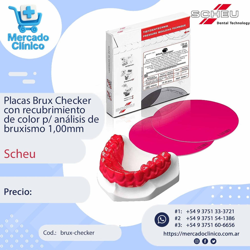 Placas Brux Checker con recubrimiento de color p/ análisis de bruxismo 1,00mm - Scheu