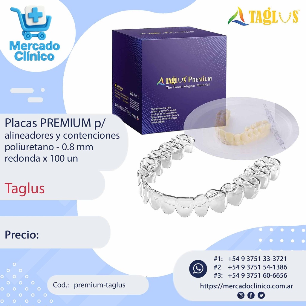Placas / láminas PREMIUM p/  alineadores y contenciones  de  poliuretano - 0.8mm -  redonda x 100 un - Taglus