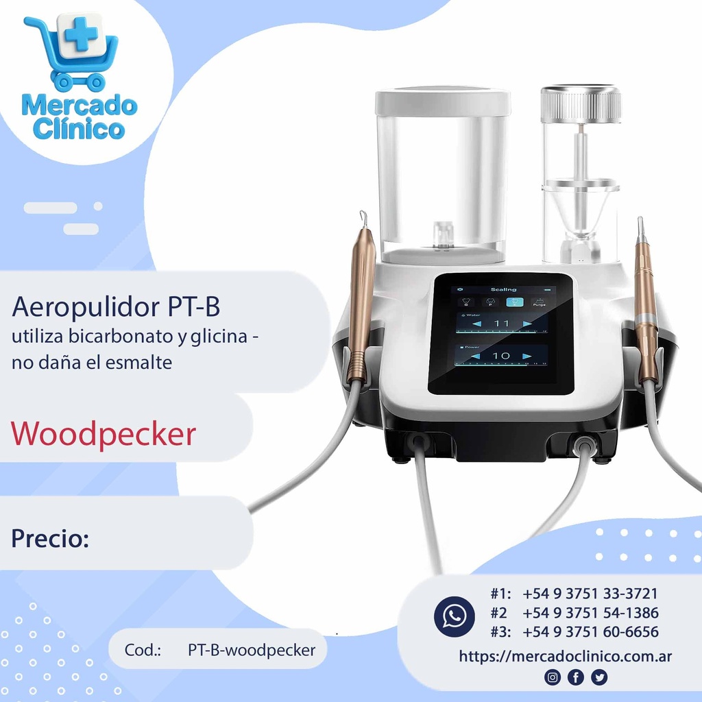 Aeropulidor PT-B  utiliza bivcarbonato y glicina - no daña el esmalte - Woodpecker
