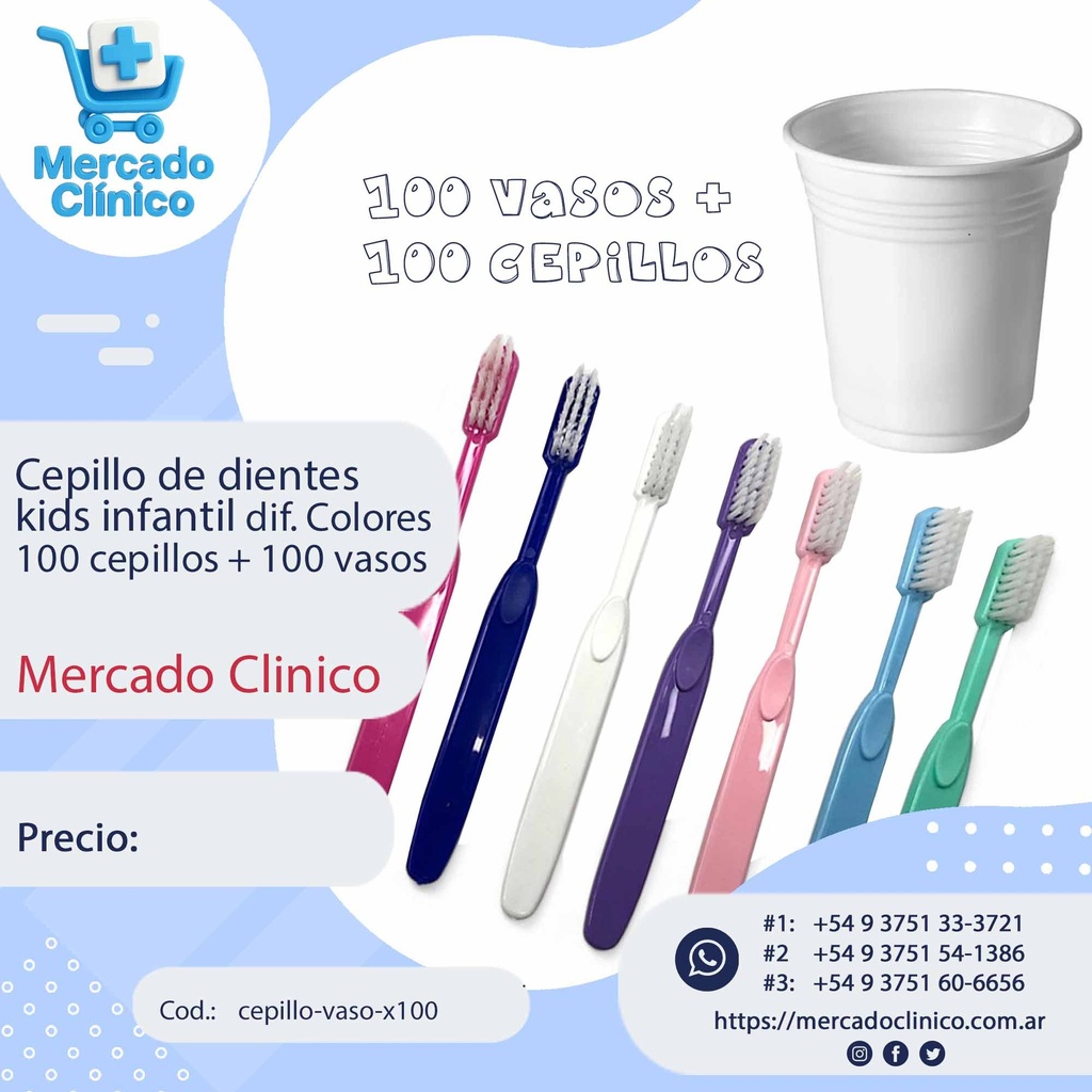 Cepillo de dientes  kids infantil dif. Colores 100 cepillos + 100 vasos - Mercado Clinico