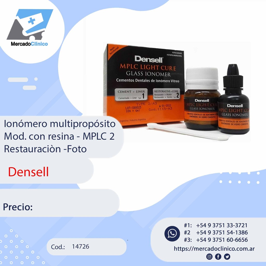 onómero multipropósito Mod. con resina - MPLC 2 Restauracion -Foto - Densell