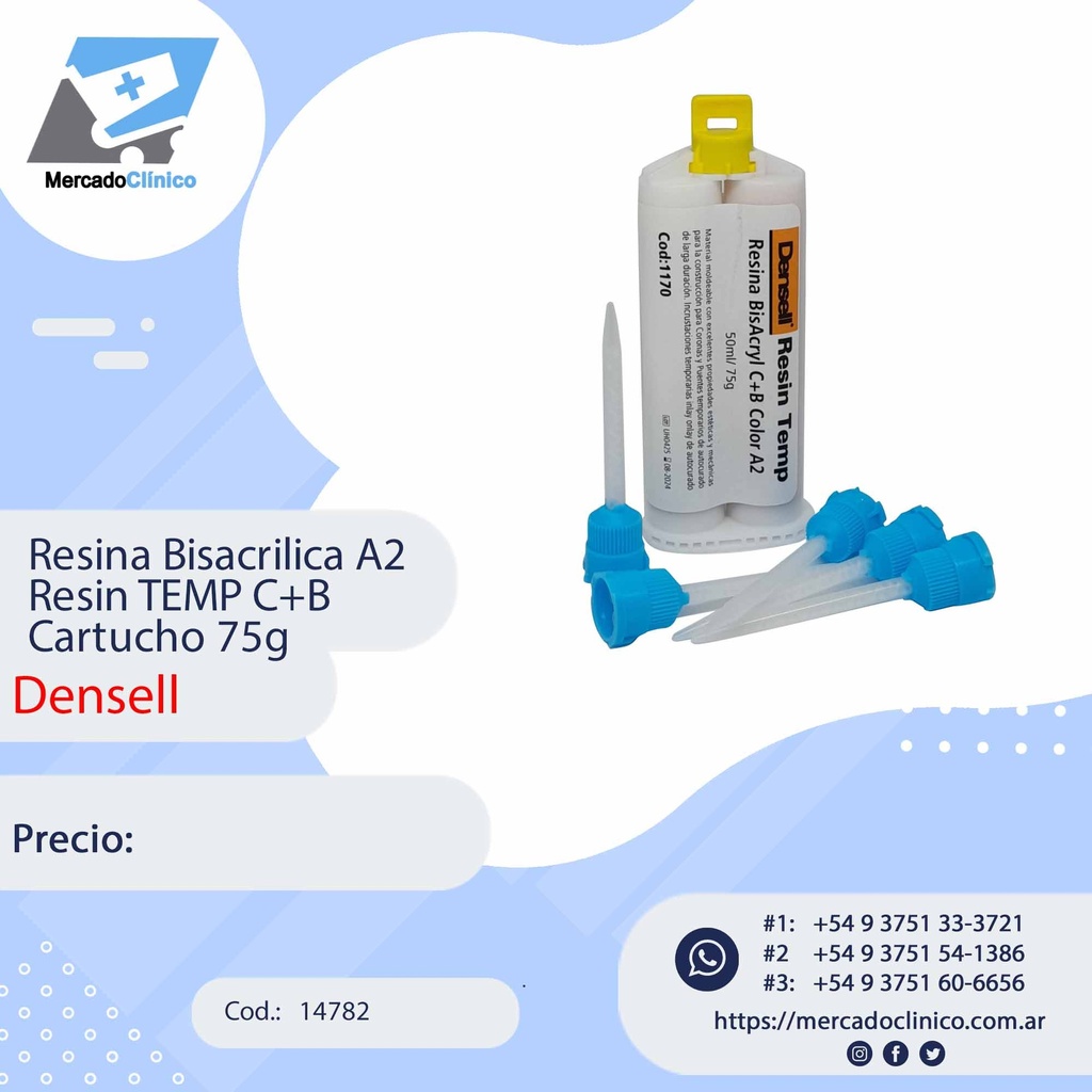 Resina Bisacrilica A2 Resin TEMP C+B  Cartucho 75g - Densell