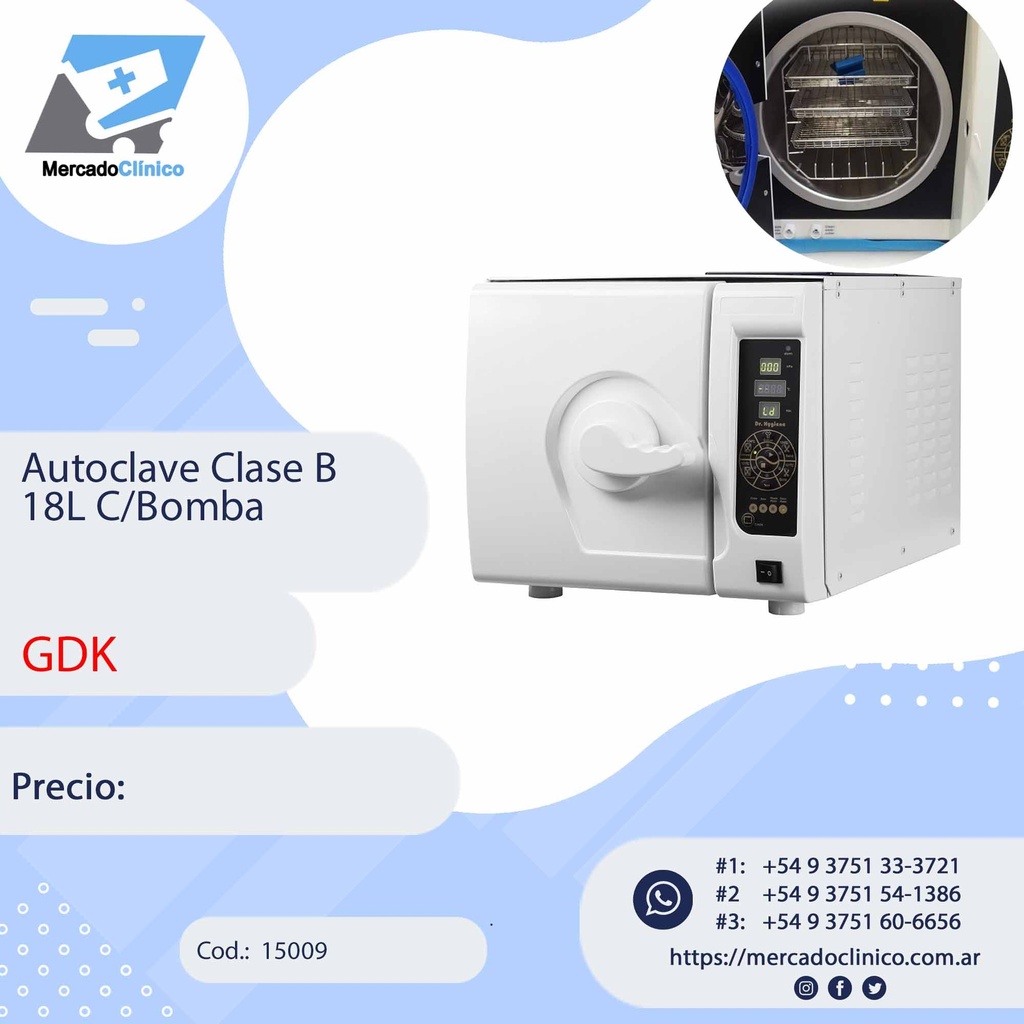 Autoclave Clase B - 18 Litros c/ bomba de vacio - GDK