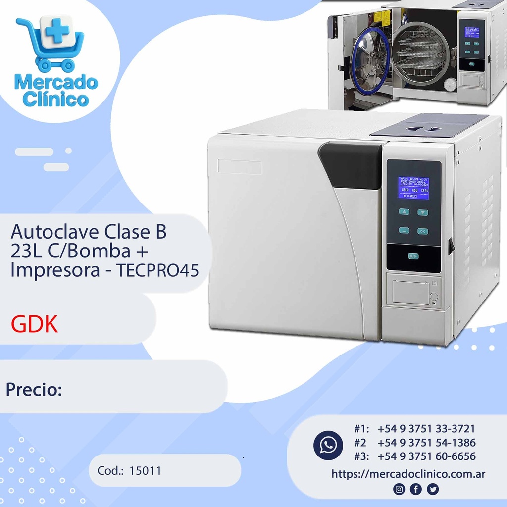 Autoclave Clase B 23L C/Bomba +  Impresora - TECPRO45