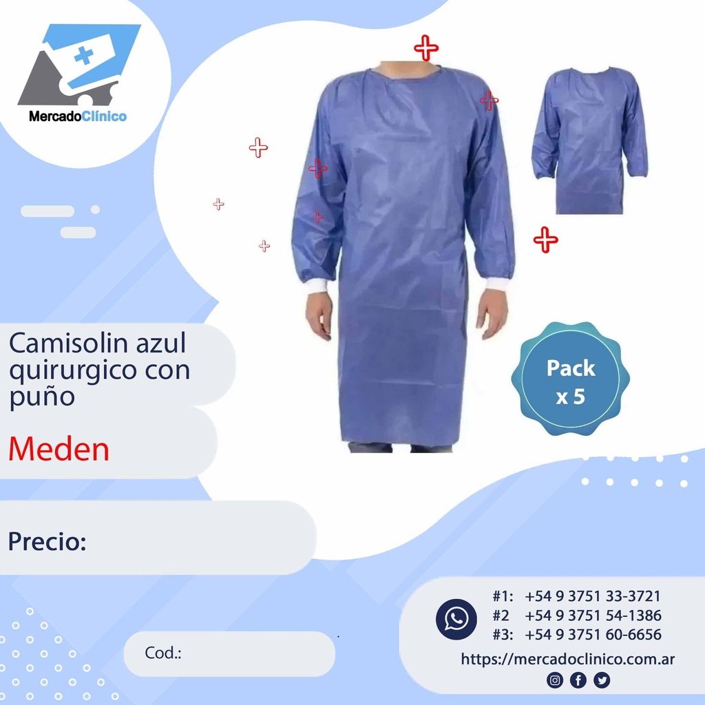 Camisolín azul - 45g con puño de algodón descartable MED x 5u