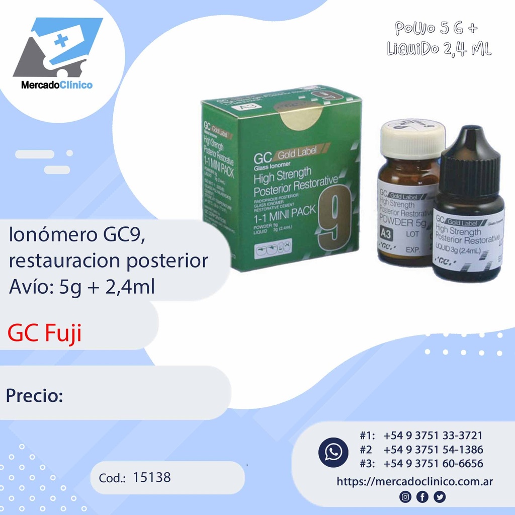 Ionómero GC9, GOLD LABEL - Autopolimerización - restauracion posterior Avío: 5g + 2,4ml - FUJI