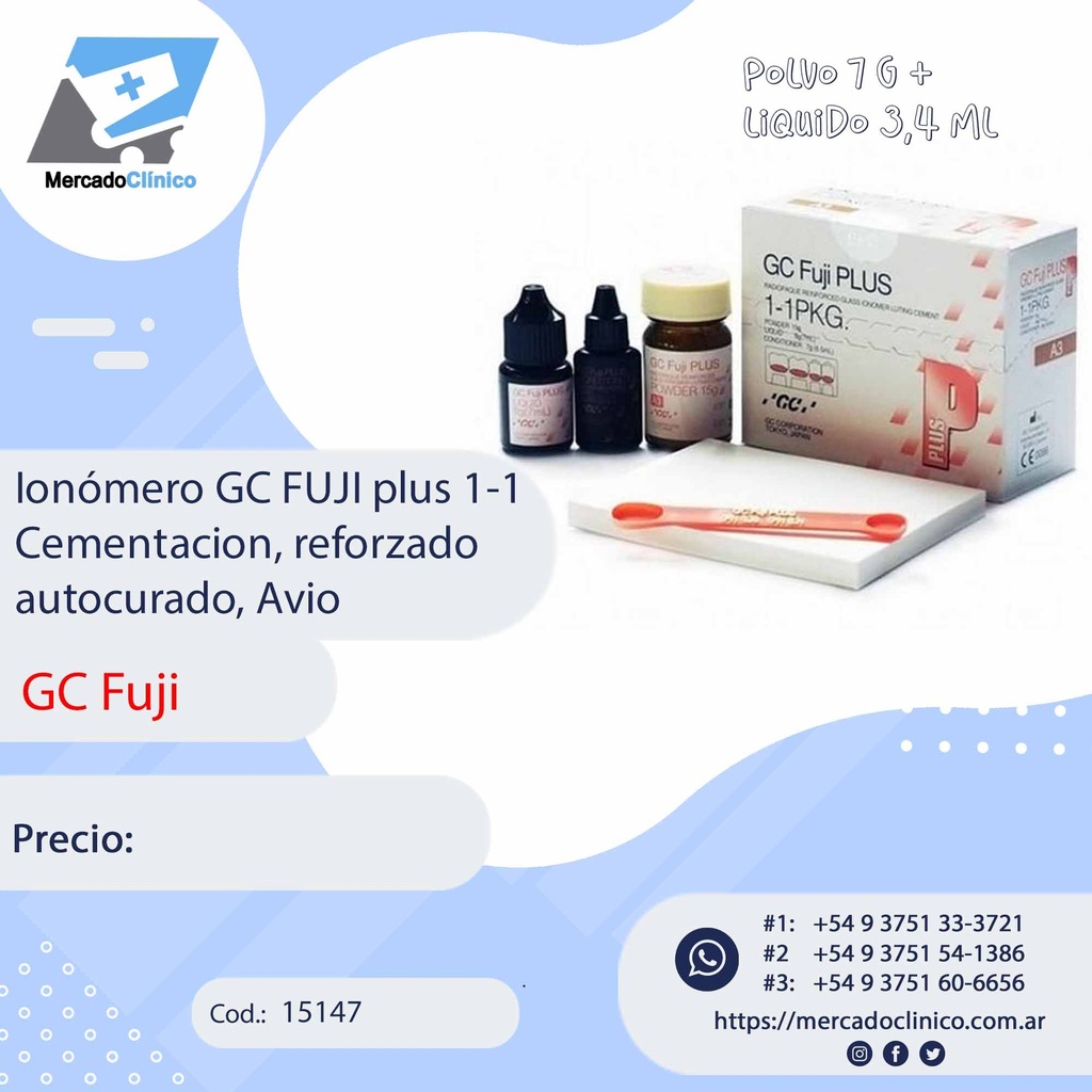 Ionómero GC FUJI plus 1-1 Cementacion, reforzado autocurado, Avio - GC FUJI