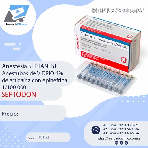 Anestesia Anestubos DE VIDRIO 4% de articaína con epinefrina 1/100 000 - SEPTANEST - blister X 50 un - SEPTODONT