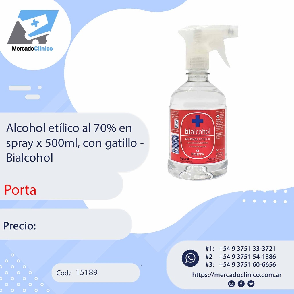 Alcohol etílico al 70% en spray x 1 Litro, con gatillo - Bialcohol - PORTA