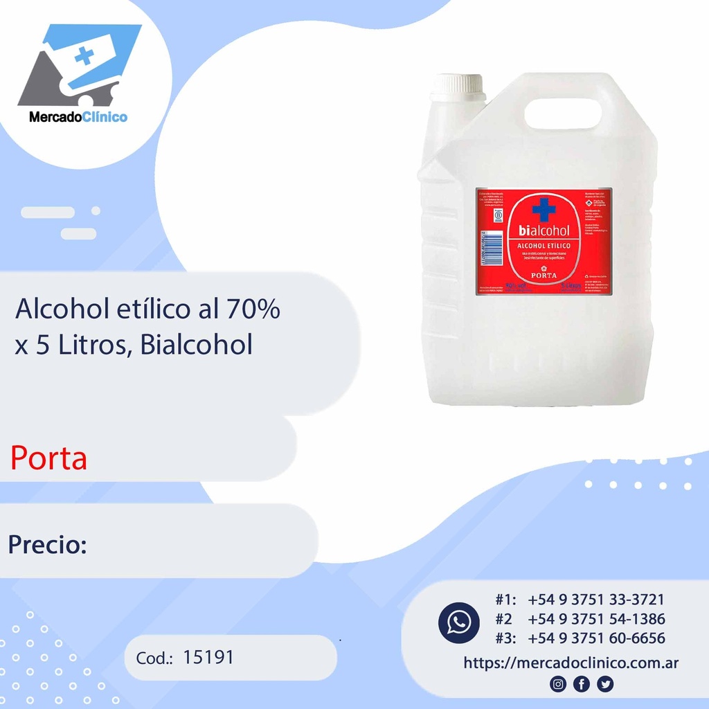 Alcohol etílico al 70%  x 5 Litros, Bialcohol - PORTA