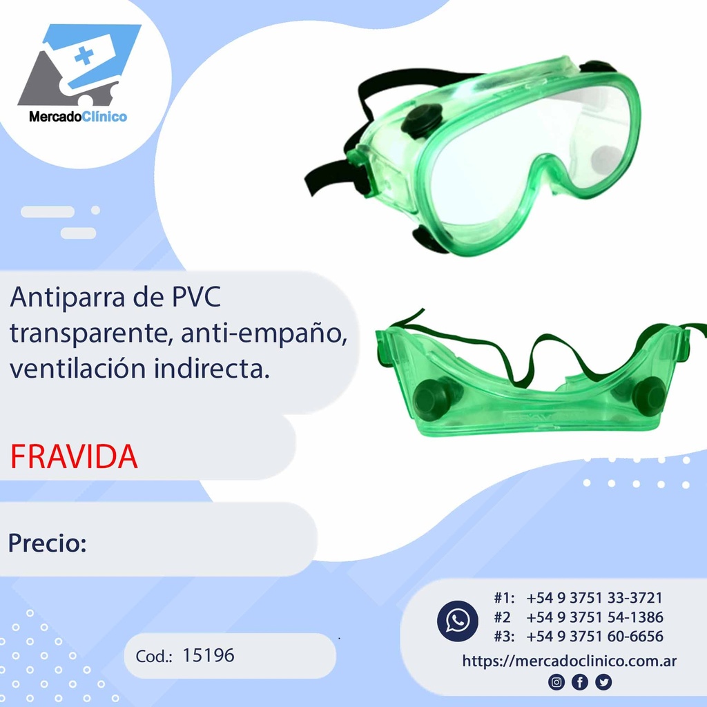 Antiparra / anteojo de PVC transparente, anti-empaño, ventilación indirecta - FRAVIDA