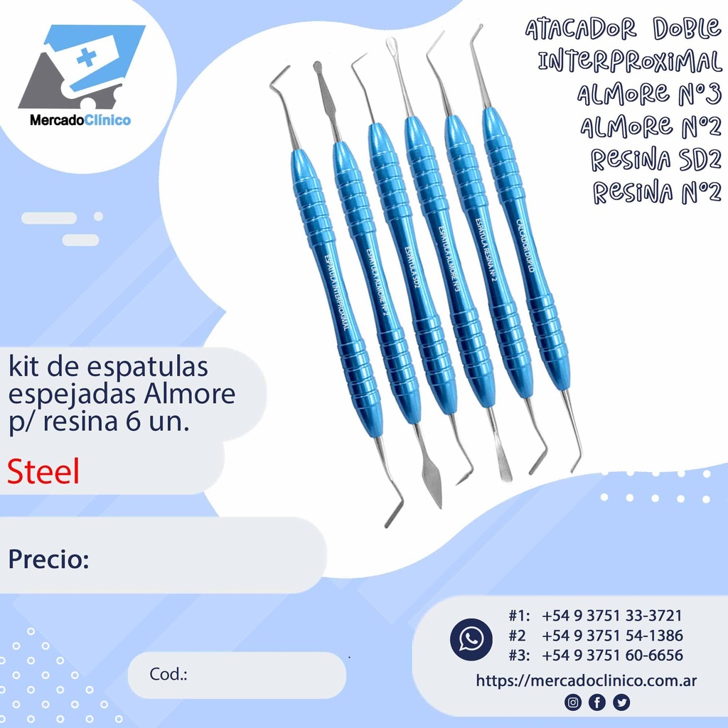 kit de espatulas espejadas Almore AZULES p/ resina 6 un - Steel