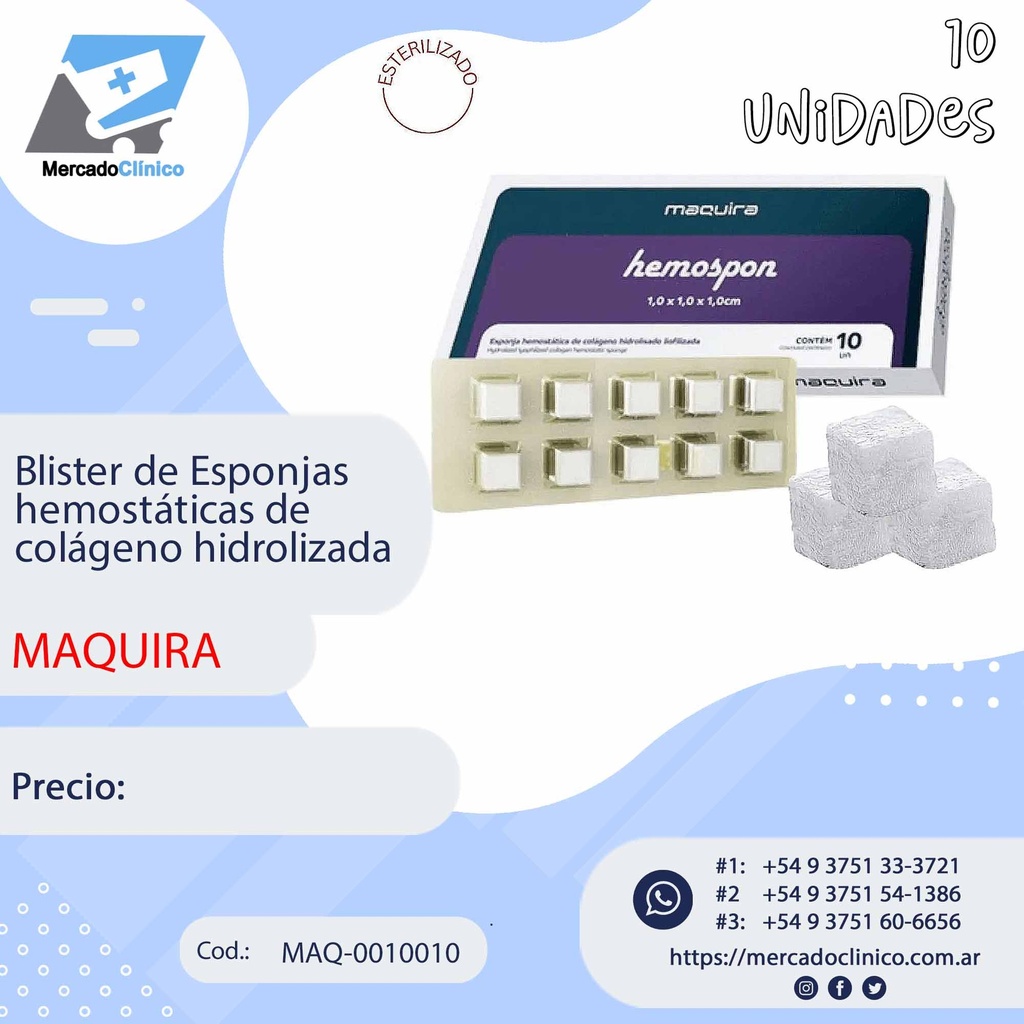 Blister de Esponjas hemostáticas de colágeno hidrolizada HEMOSPON - x10 Un - Maquira