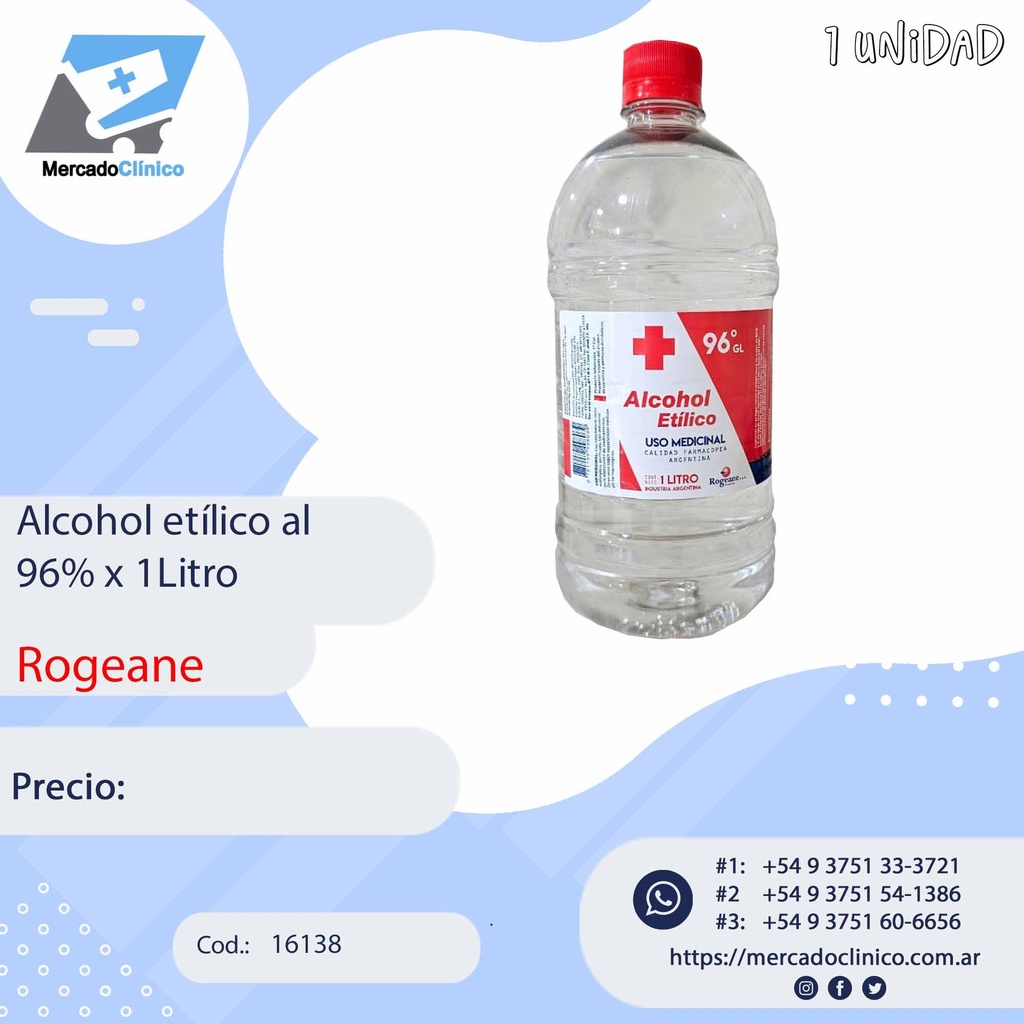 Alcohol etílico al  96% x 1Litro - ROGEANE