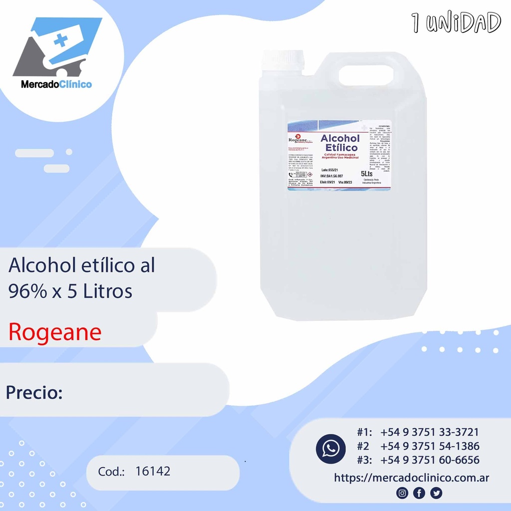 Alcohol etílico al  96% x 5 Litros - ROGEANE