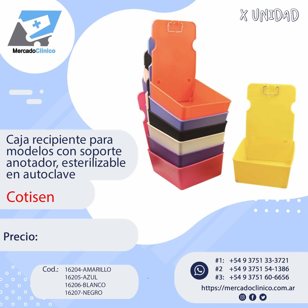 Caja recipiente p/modelos c/soporte anotador - autoclavable - X UN - COTISEN